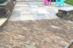 Slate stone cobbling transition to sand-stone paving patio South Devon